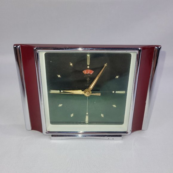 Polaris Vintage Wind-Up 6" Mechanical Alarm Desk Clock Burgundy Silver - Picture 1 of 3